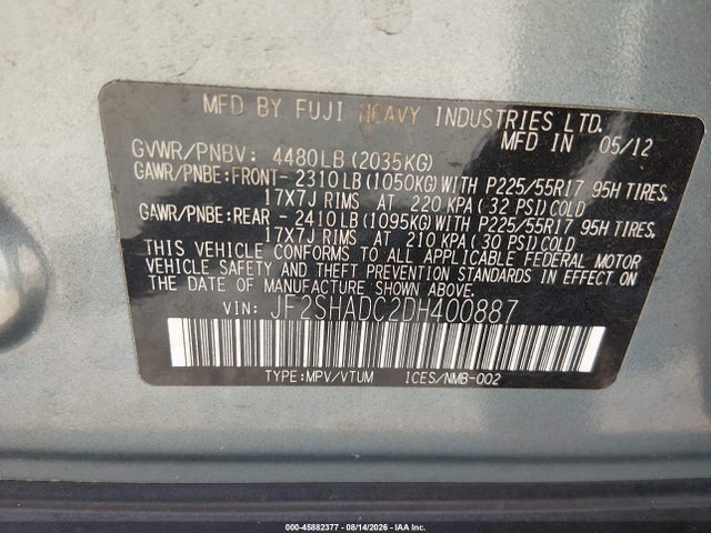 2013 Subaru Forester 2.5x Premium მანქანა იყიდება აუქციონზე, vin: JF2SHADC2DH400887, აუქციონის ნომერი: 45882377