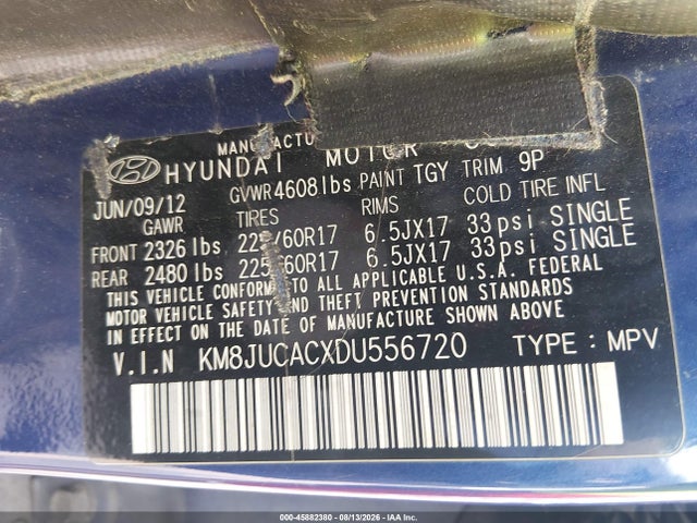 Продаж на аукціоні авто 2013 Hyundai Tucson Gls, vin: KM8JUCACXDU556720, номер лоту: 45882380