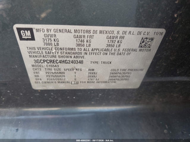 Aukcja sprzedaży 2017 Chevrolet Silverado 1500 Lt, vin: 3GCPCREC4HG240348, numer aukcji: 45882381