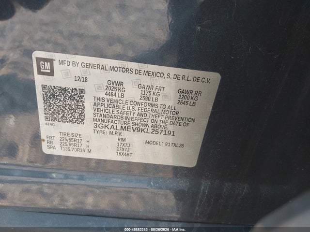 2019 Gmc Terrain Sle მანქანა იყიდება აუქციონზე, vin: 3GKALMEV9KL257191, აუქციონის ნომერი: 45882383