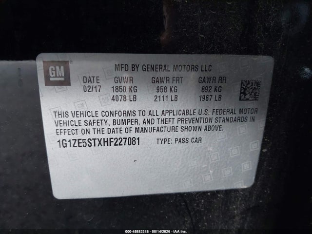 45882386 :رقم المزاد ، 1G1ZE5STXHF227081 vin ، 2017 Chevrolet Malibu 1lt مزاد بيع