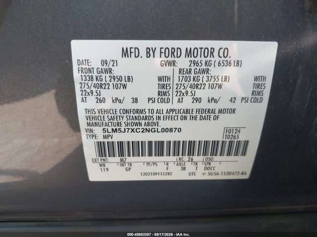 45882387 :رقم المزاد ، 5LM5J7XC2NGL00870 vin ، 2022 Lincoln Aviator Reserve مزاد بيع