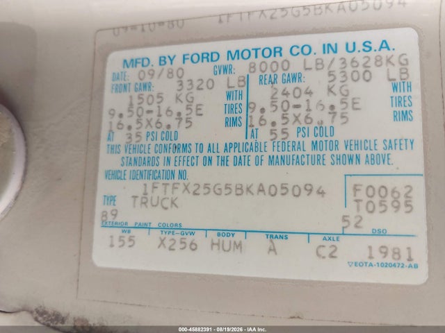 45882391 :رقم المزاد ، 1FTFX25G5BKA05094 vin ، 1981 Ford F250 مزاد بيع