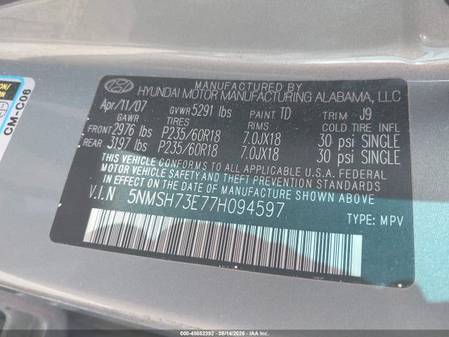 Продажа на аукционе авто 2007 Hyundai Santa Fe Limited/se, vin: 5NMSH73E77H094597, номер лота: 45882392