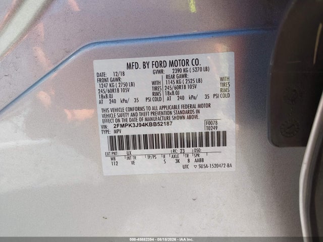 2019 Ford Edge Sel მანქანა იყიდება აუქციონზე, vin: 2FMPK3J94KBB52187, აუქციონის ნომერი: 45882394