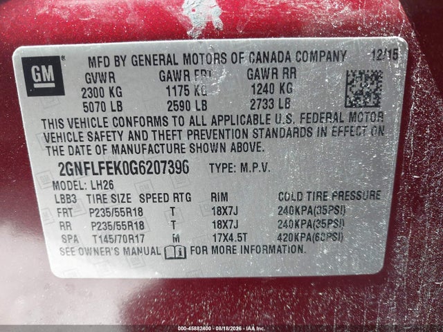 45882400 :رقم المزاد ، 2GNFLFEK0G6207396 vin ، 2016 Chevrolet Equinox Lt مزاد بيع