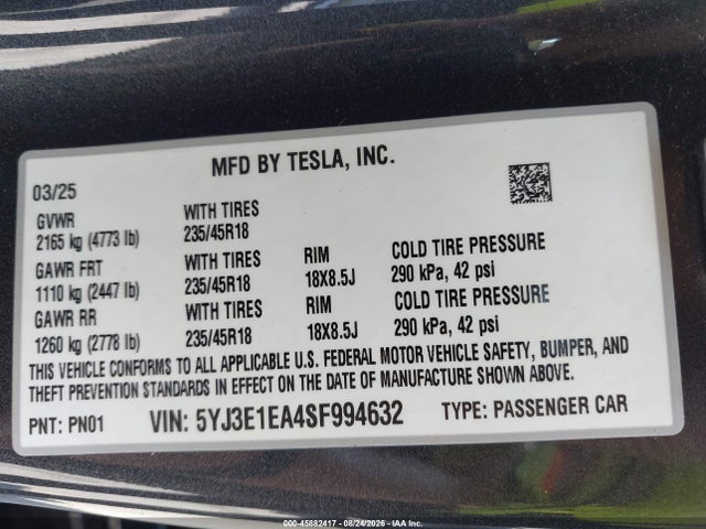 45882417 :رقم المزاد ، 5YJ3E1EA4SF994632 vin ، 2025 Tesla Model 3 Long Range Rear-wheel Drive/standard Rear-wheel Drive مزاد بيع
