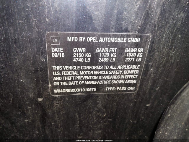 2019 Buick Regal Sportback Awd Essence მანქანა იყიდება აუქციონზე, vin: W04GR6SXXK1010575, აუქციონის ნომერი: 45882418