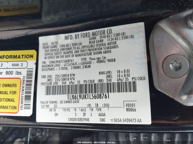 Aukcja sprzedaży 2020 Lincoln Continental Livery, vin: 1LN6L9UK1L5608761, numer aukcji: 45882423