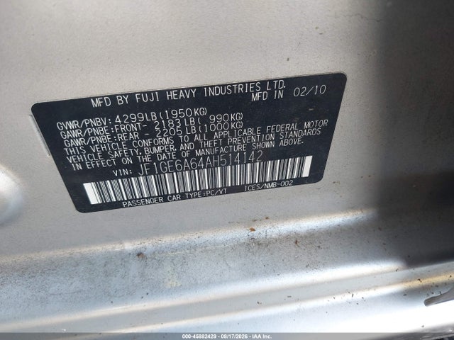 2010 Subaru Impreza 2.5i მანქანა იყიდება აუქციონზე, vin: JF1GE6A64AH514142, აუქციონის ნომერი: 45882429