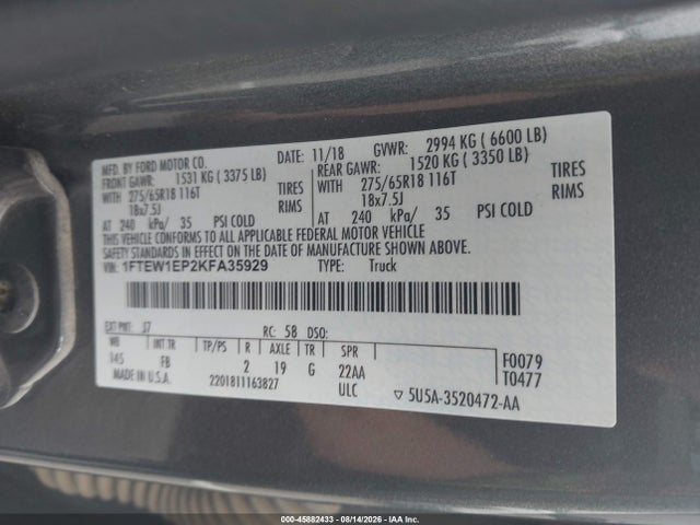 Aukcja sprzedaży 2019 Ford F-150 Xlt, vin: 1FTEW1EP2KFA35929, numer aukcji: 45882433