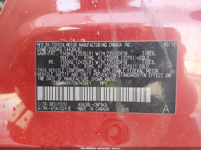 Продаж на аукціоні авто 2012 Toyota Rav4 Sport, vin: 2T3WF4DV7CW145641, номер лоту: 45882434