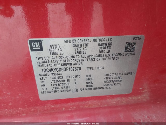 45882441 :رقم المزاد ، 1GC4KYCG6GF187870 vin ، 2016 Chevrolet Silverado 3500hd Work Truck مزاد بيع