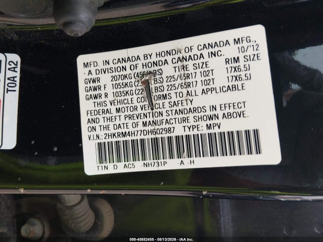 45882455 :رقم المزاد ، 2HKRM4H77DH602987 vin ، 2013 Honda Cr-v Ex-l مزاد بيع
