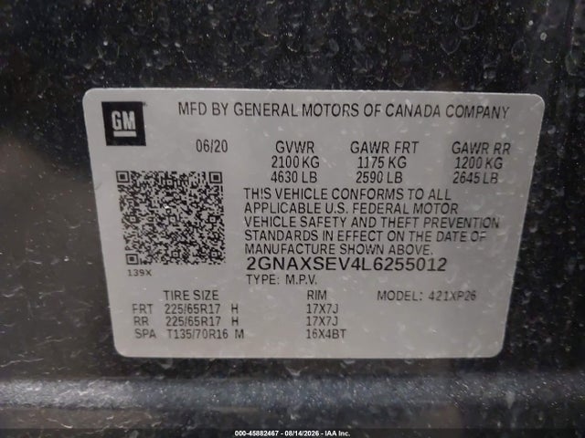 Продаж на аукціоні авто 2020 Chevrolet Equinox Awd Ls, vin: 2GNAXSEV4L6255012, номер лоту: 45882467