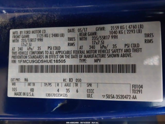 Продажа на аукционе авто 2017 Ford Escape Se, vin: 1FMCU9GD5HUE18505, номер лота: 45882468