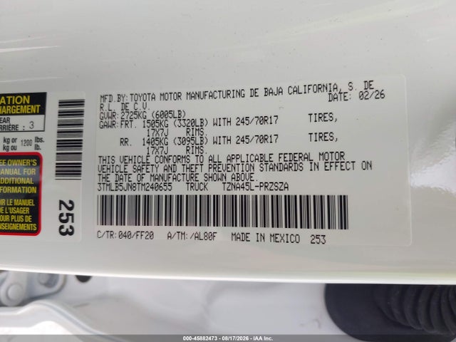 Продаж на аукціоні авто 2026 Toyota Tacoma Sr5, vin: 3TMLB5JN8TM240655, номер лоту: 45882473