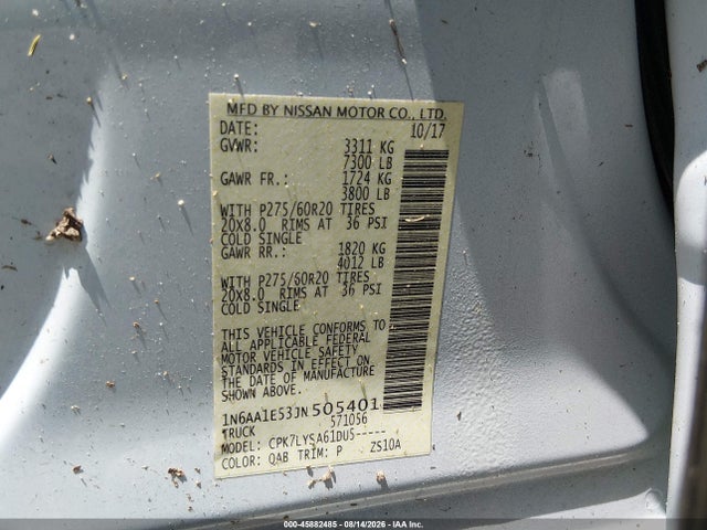 2018 Nissan Titan Platinum Reserve მანქანა იყიდება აუქციონზე, vin: 1N6AA1E53JN505401, აუქციონის ნომერი: 45882485