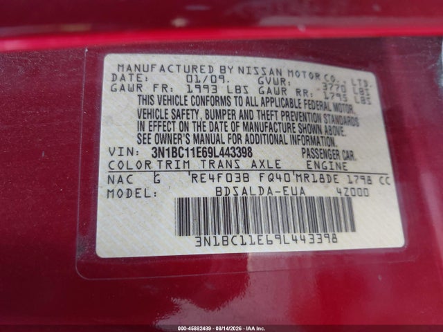 45882489 :رقم المزاد ، 3N1BC11E69L443398 vin ، 2009 Nissan Versa 1.8s مزاد بيع