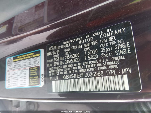 45882491 :رقم المزاد ، KM8R54HE0LU036988 vin ، 2020 Hyundai Palisade Limited مزاد بيع