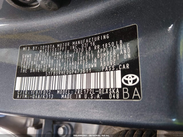 2016 Toyota Corolla S Plus მანქანა იყიდება აუქციონზე, vin: 5YFBURHE0GP473611, აუქციონის ნომერი: 45882501