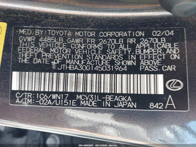 Продажа на аукционе авто 2004 Lexus Es 330, vin: JTHBA30G145031964, номер лота: 45882507