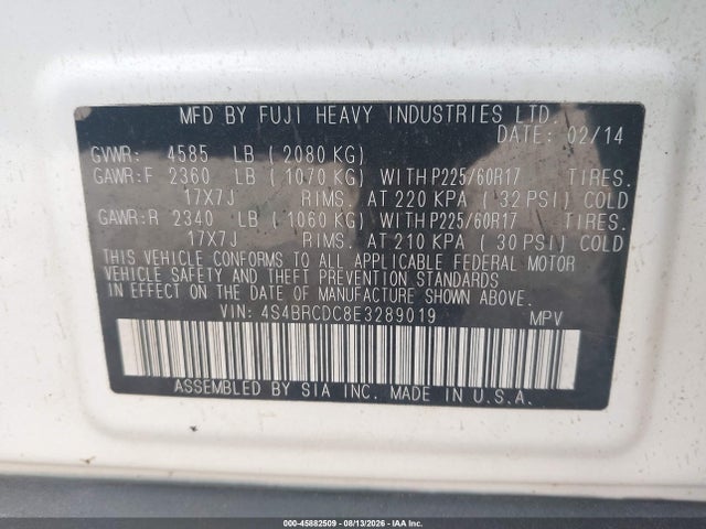 45882509 :رقم المزاد ، 4S4BRCDC8E3289019 vin ، 2014 Subaru Outback 2.5i Premium مزاد بيع