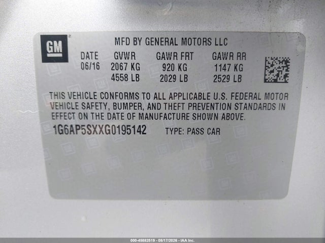 2016 Cadillac Cts Standard მანქანა იყიდება აუქციონზე, vin: 1G6AP5SXXG0195142, აუქციონის ნომერი: 45882519