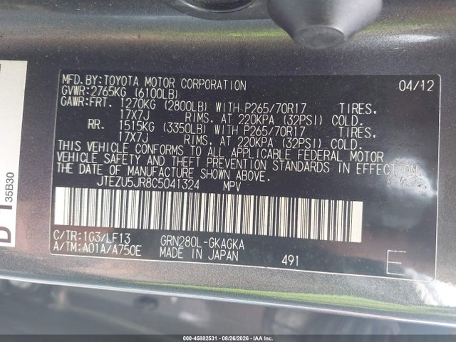 Продажа на аукционе авто 2012 Toyota 4runner Sr5, vin: JTEZU5JR8C5041324, номер лота: 45882531