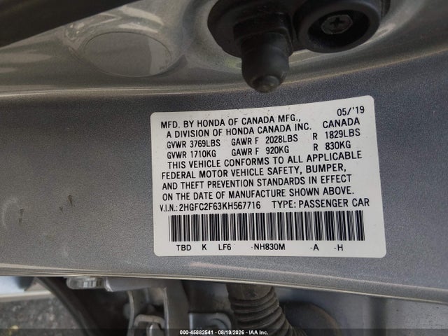 45882541 :رقم المزاد ، 2HGFC2F63KH567716 vin ، 2019 Honda Civic Lx مزاد بيع