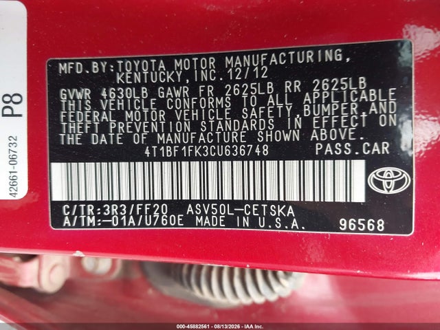 45882561 :رقم المزاد ، 4T1BF1FK3CU636748 vin ، 2012 Toyota Camry Se Limited Edition مزاد بيع
