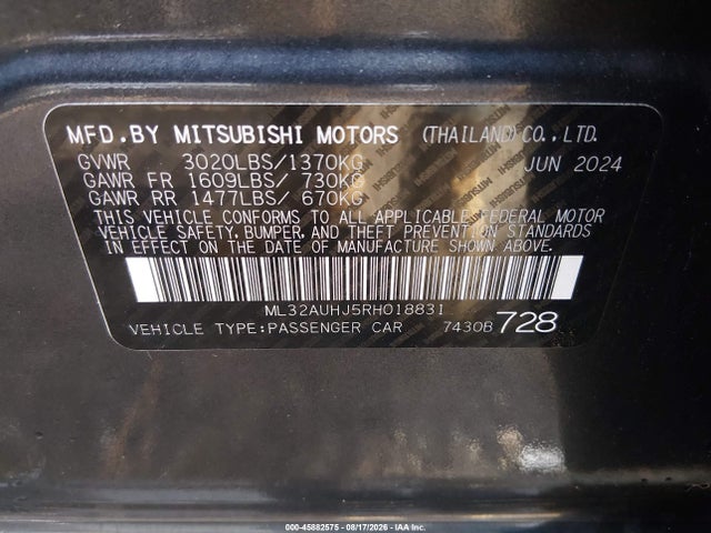 45882575 :رقم المزاد ، ML32AUHJ5RH018831 vin ، 2024 Mitsubishi Mirage Es/le مزاد بيع