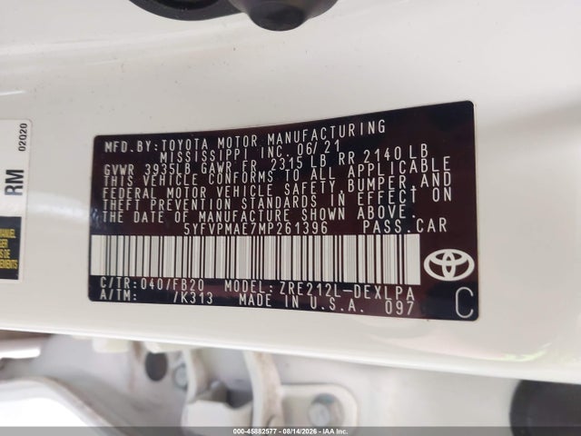 45882577 :رقم المزاد ، 5YFVPMAE7MP261396 vin ، 2021 Toyota Corolla Le مزاد بيع