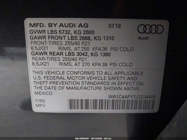Aukcja sprzedaży 2018 Audi Sq5 3.0t Premium Plus, vin: WA1C4AFY7J2224449, numer aukcji: 45882597