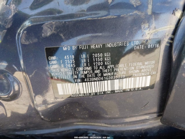 45882600 :رقم المزاد ، 4S3BNBD61G3035238 vin ، 2016 Subaru Legacy 2.5i Premium مزاد بيع