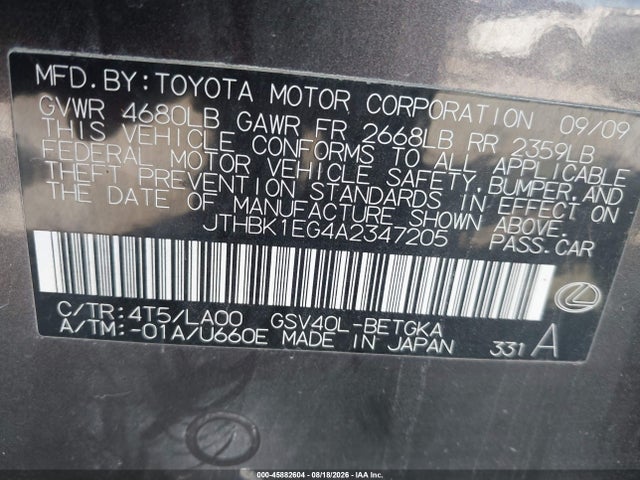 45882604 :رقم المزاد ، JTHBK1EG4A2347205 vin ، 2010 Lexus Es 350 مزاد بيع
