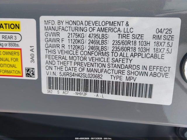 2025 Honda Cr-v Ex Awd მანქანა იყიდება აუქციონზე, vin: 5J6RS4H42SL020682, აუქციონის ნომერი: 45882609