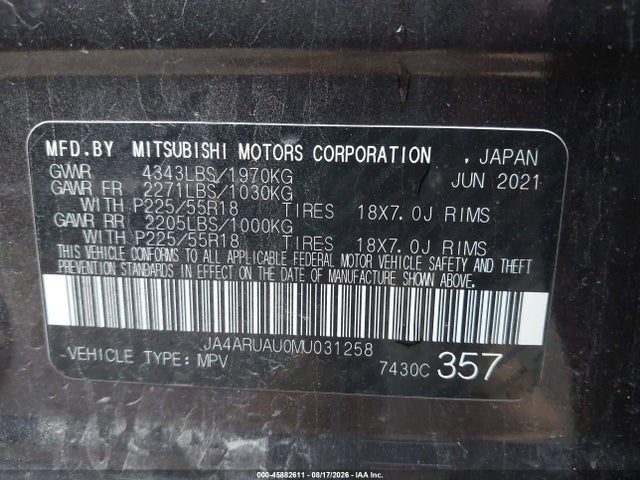 Aukcja sprzedaży 2021 Mitsubishi Outlander Sport 2.0 Be Awc/2.0 Es Awc/2.0 Le Awc/2.0 Se Awc, vin: JA4ARUAU0MU031258, numer aukcji: 45882611