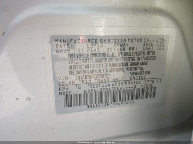Продажа на аукционе авто 2019 Nissan Sentra S, vin: 3N1AB7AP7KY207211, номер лота: 45882622