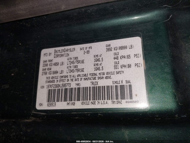 1999 Dodge Ram 2500 St მანქანა იყიდება აუქციონზე, vin: 1B7KF2368XJ585773, აუქციონის ნომერი: 45882634