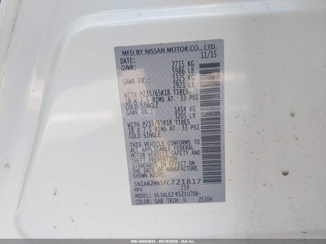 Продажа на аукционе авто 2015 Nissan Pathfinder Sv, vin: 5N1AR2MN5FC721817, номер лота: 45882642