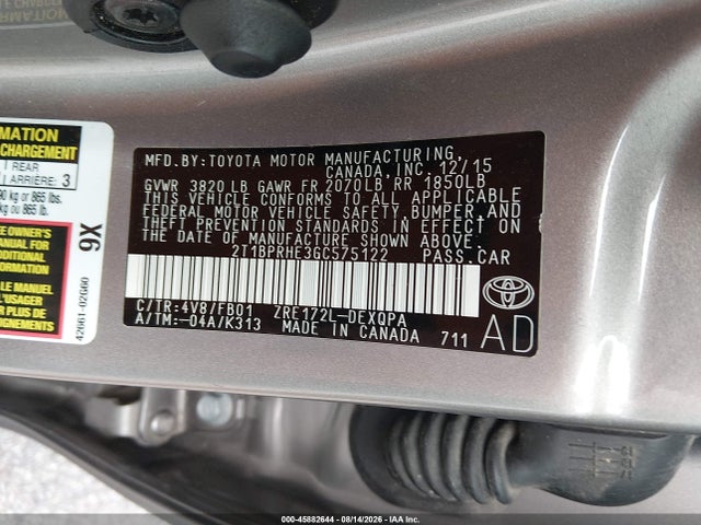 45882644 :رقم المزاد ، 2T1BPRHE3GC575122 vin ، 2016 Toyota Corolla Eco/eco Plus/eco Premium مزاد بيع