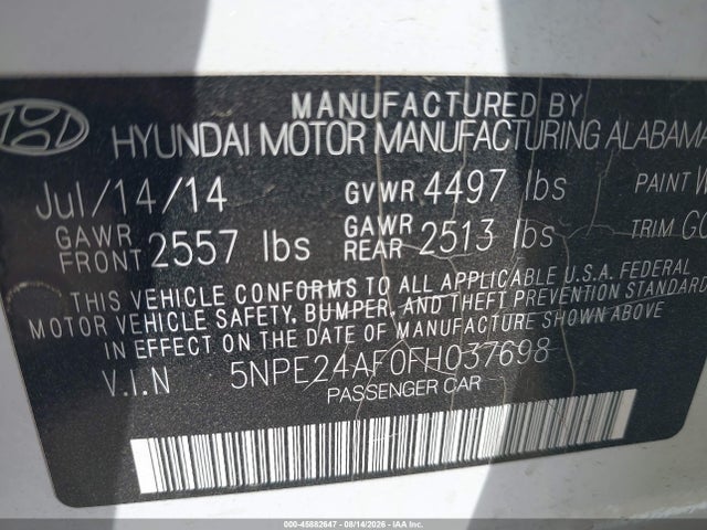 Aukcja sprzedaży 2015 Hyundai Sonata Se, vin: 5NPE24AF0FH037698, numer aukcji: 45882647