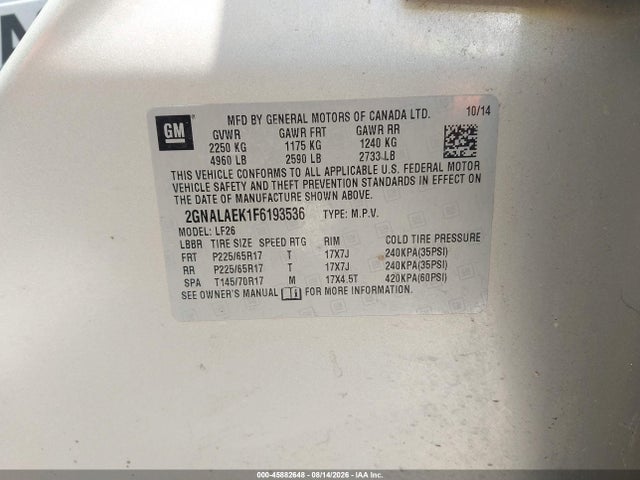 Продажа на аукционе авто 2015 Chevrolet Equinox Ls, vin: 2GNALAEK1F6193536, номер лота: 45882648