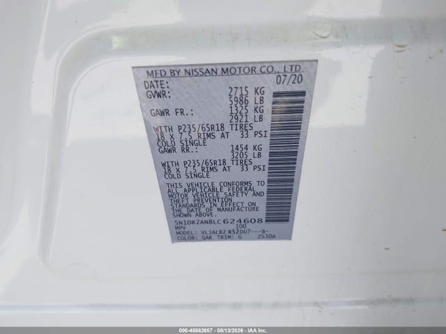 45882657 :رقم المزاد ، 5N1DR2AN8LC624608 vin ، 2020 Nissan Pathfinder S 2wd مزاد بيع
