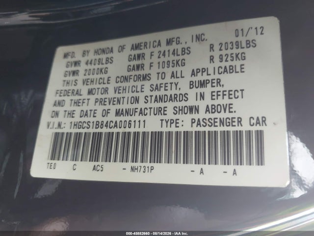 Aukcja sprzedaży 2012 Honda Accord 2.4 Ex-l, vin: 1HGCS1B84CA006111, numer aukcji: 45882660