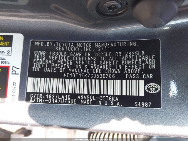 45882663 :رقم المزاد ، 4T1BF1FK7CU530786 vin ، 2012 Toyota Camry Xle مزاد بيع