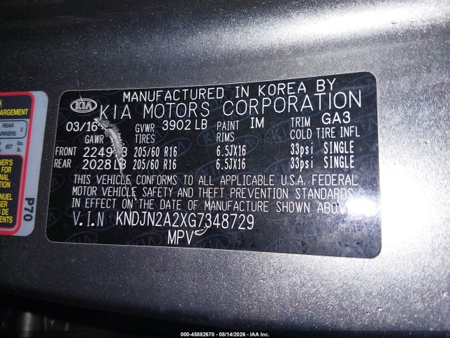 Продажа на аукционе авто 2016 Kia Soul, vin: KNDJN2A2XG7348729, номер лота: 45882670