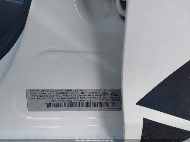 45882676 :رقم المزاد ، 3VWRJ7AJ8AM151622 vin ، 2010 Volkswagen Jetta Wolfsburg Edition مزاد بيع