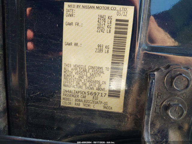 Продажа на аукционе авто 2012 Nissan Altima 2.5 S, vin: 1N4AL2AP5CN569717, номер лота: 45882694